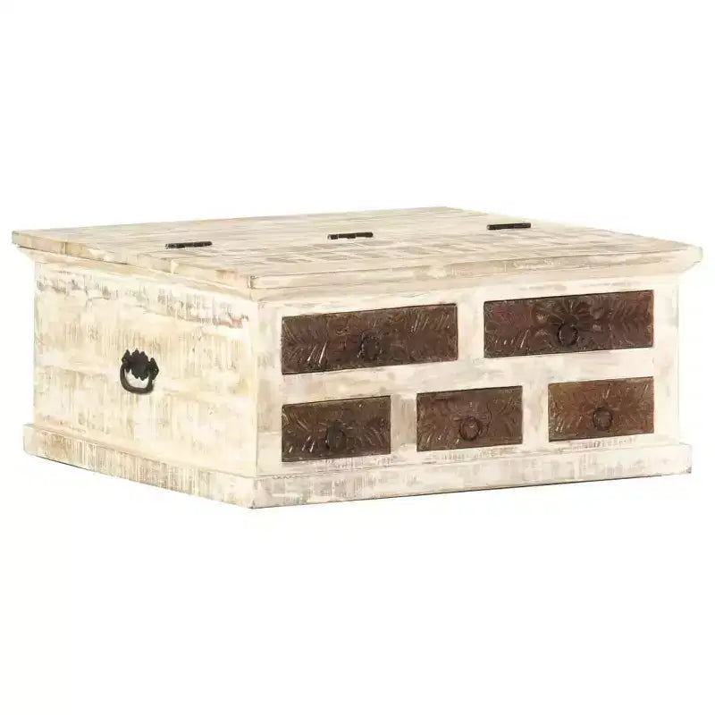 Coffee Table White 26.8"x26.8"x11.8", Solid Mango Wood with Carved Drawers