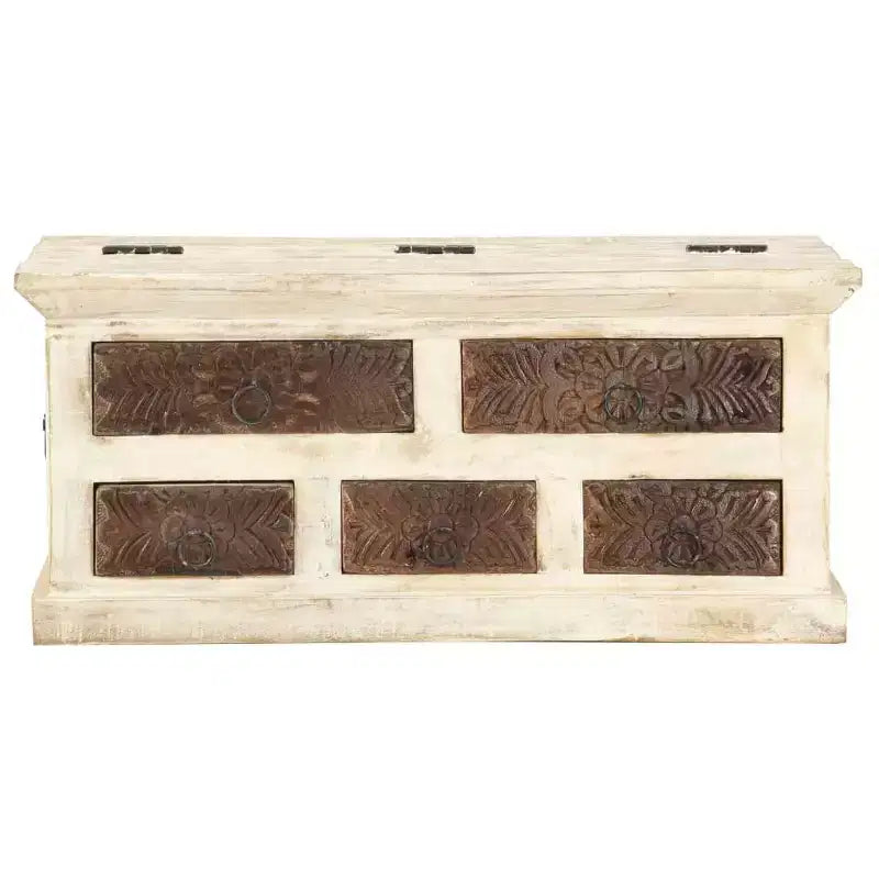 Coffee Table White 26.8"x26.8"x11.8", Solid Mango Wood with Carved Drawers