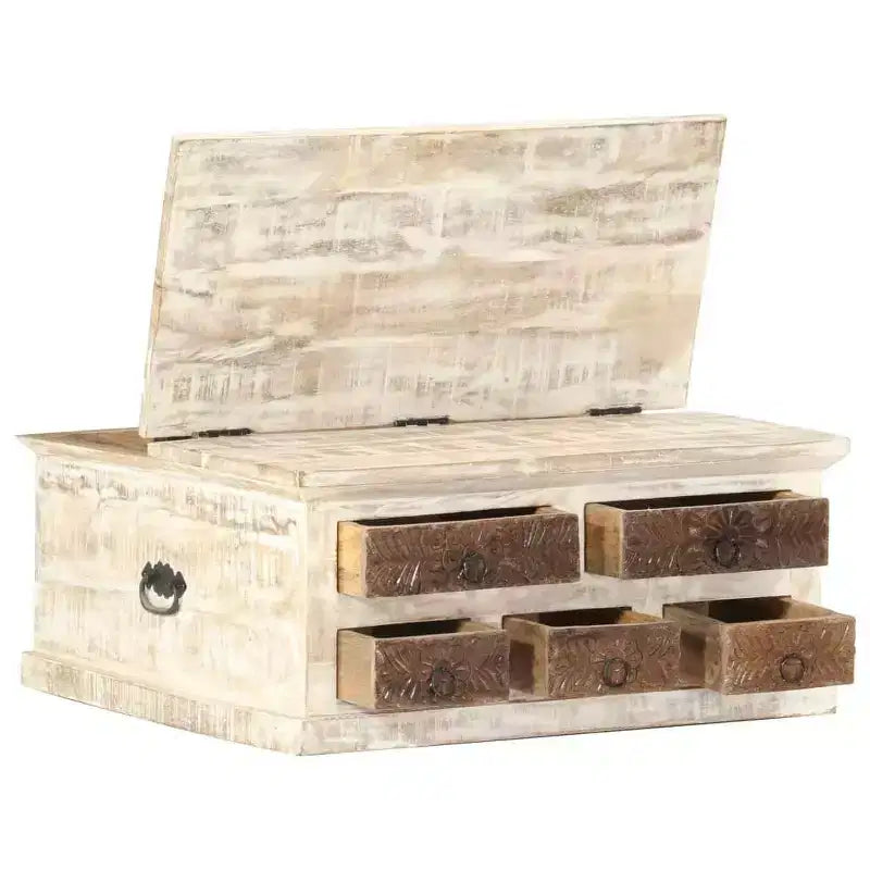 Coffee Table White 26.8"x26.8"x11.8", Solid Mango Wood with Carved Drawers