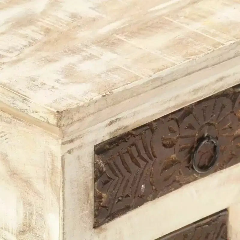 Coffee Table White 26.8"x26.8"x11.8", Solid Mango Wood with Carved Drawers