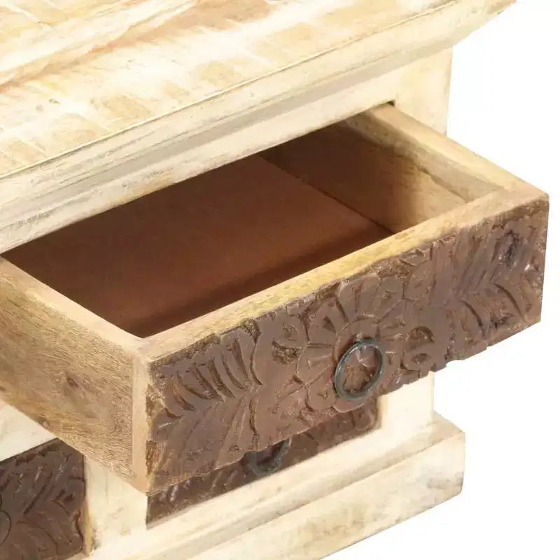 Coffee Table White 26.8"x26.8"x11.8", Solid Mango Wood with Carved Drawers