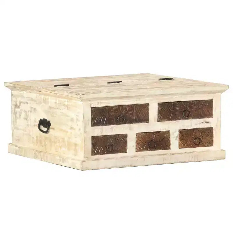 Coffee Table White 26.8"x26.8"x11.8", Solid Mango Wood with Carved Drawers