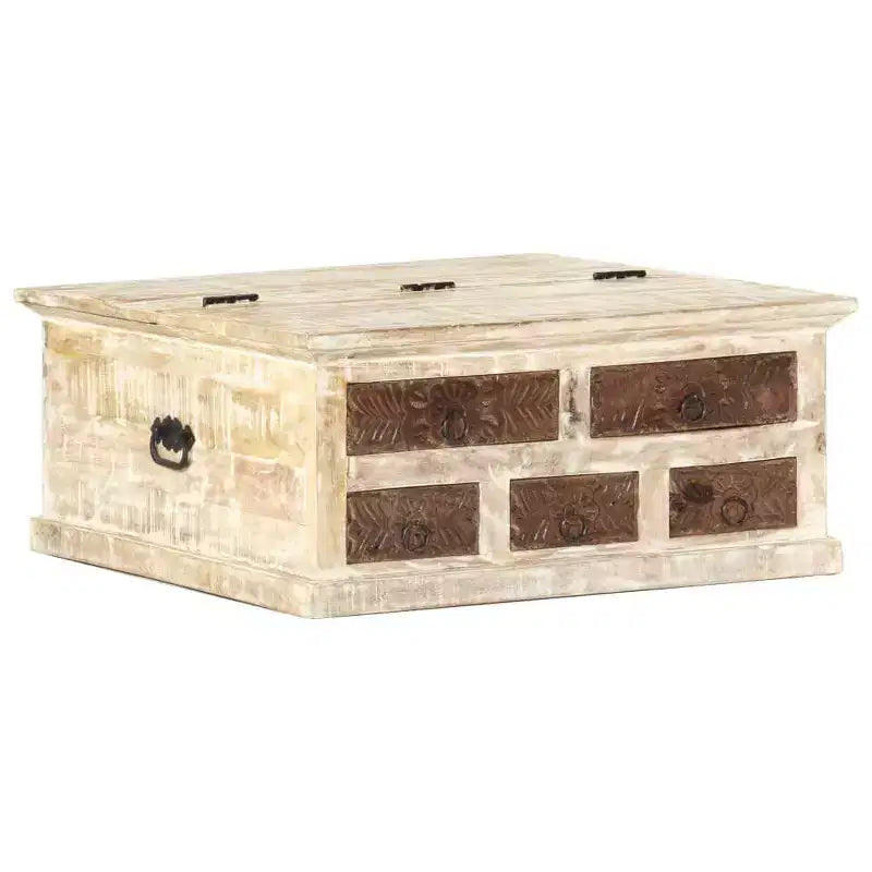 Coffee Table White 26.8"x26.8"x11.8", Solid Mango Wood with Carved Drawers