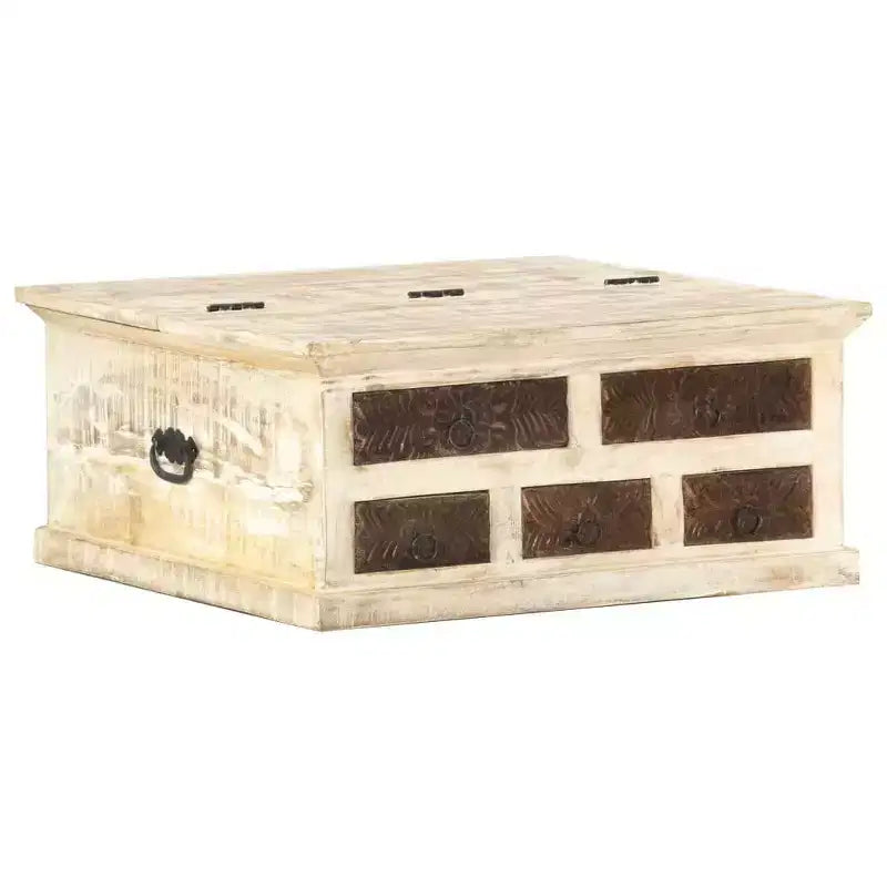 Coffee Table White 26.8"x26.8"x11.8", Solid Mango Wood with Carved Drawers