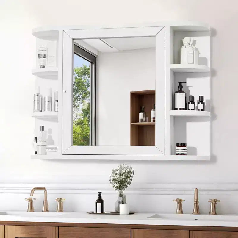 Wall Medicine Cabinet, Multifunctional Wall-Mounted Mirrored Cabinet with Magnetic Doors