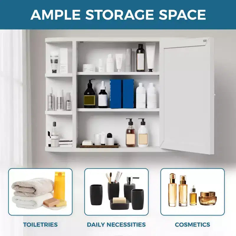Wall Medicine Cabinet, Multifunctional Wall-Mounted Mirrored Cabinet with Magnetic Doors