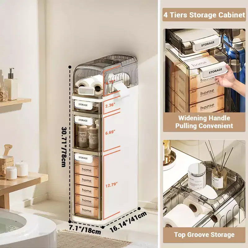 Plastic Storage Rack, Narrow Bathroom Storage Cabinet, Toilet Side Cabinet, Gap Storage Cabinet, Suitable for Kitchen, Toilet, White + Gray 4 Layers