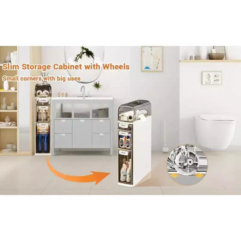 Étagère de rangement en plastique, armoire de rangement étroite pour salle de bain, armoire latérale pour toilettes, armoire de rangement pour espaces étroits, adaptée pour cuisine, toilettes, blanc + gris 4 niveaux