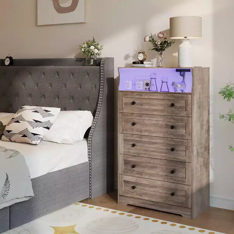 53 Tall 5 Drawer Dresser for Bedroom, Wood Chest of Drawers with Charging Station, Narrow Nightstand, Clothes Storage Organizer for Living Room