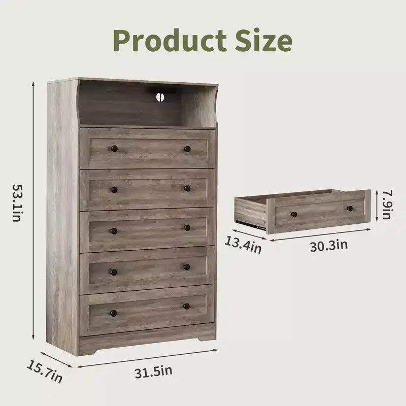 53 Tall 5 Drawer Dresser for Bedroom, Wood Chest of Drawers with Charging Station, Narrow Nightstand, Clothes Storage Organizer for Living Room
