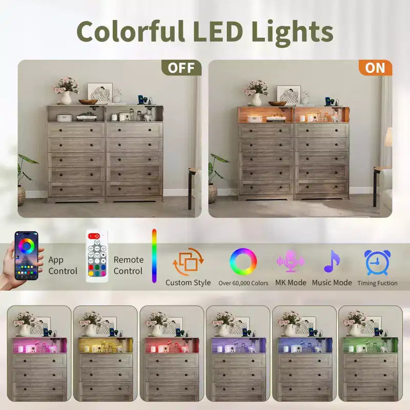 53 Tall 5 Drawer Dresser for Bedroom, Wood Chest of Drawers with Charging Station, Narrow Nightstand, Clothes Storage Organizer for Living Room