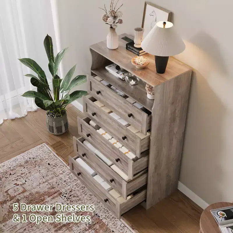 53 Tall 5 Drawer Dresser for Bedroom, Wood Chest of Drawers with Charging Station, Narrow Nightstand, Clothes Storage Organizer for Living Room