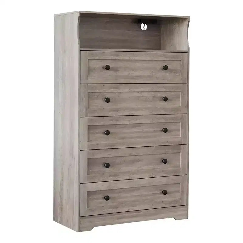 53 Tall 5 Drawer Dresser for Bedroom, Wood Chest of Drawers with Charging Station, Narrow Nightstand, Clothes Storage Organizer for Living Room