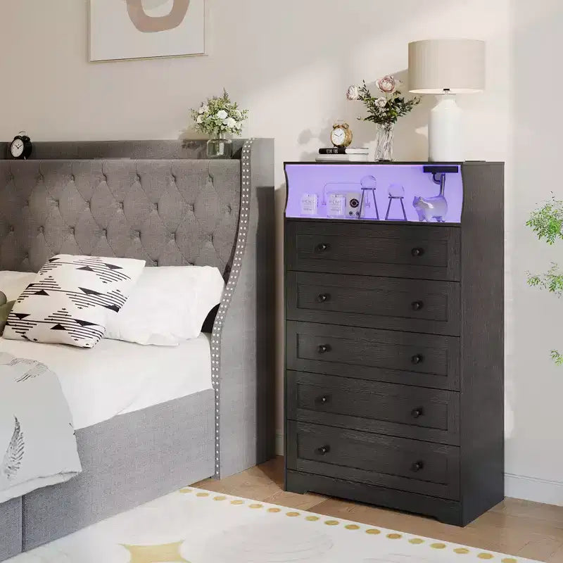 53 Tall 5 Drawer Dresser for Bedroom, Wood Chest of Drawers with Charging Station, Narrow Nightstand, Clothes Storage Organizer for Living Room