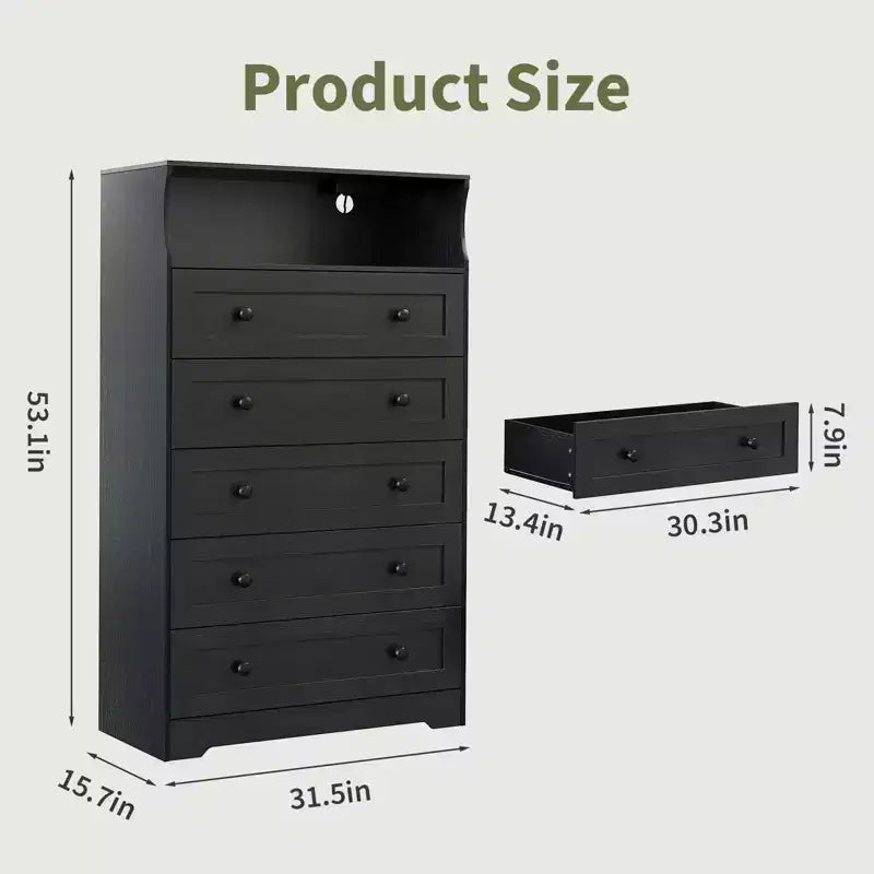 53 Tall 5 Drawer Dresser for Bedroom, Wood Chest of Drawers with Charging Station, Narrow Nightstand, Clothes Storage Organizer for Living Room