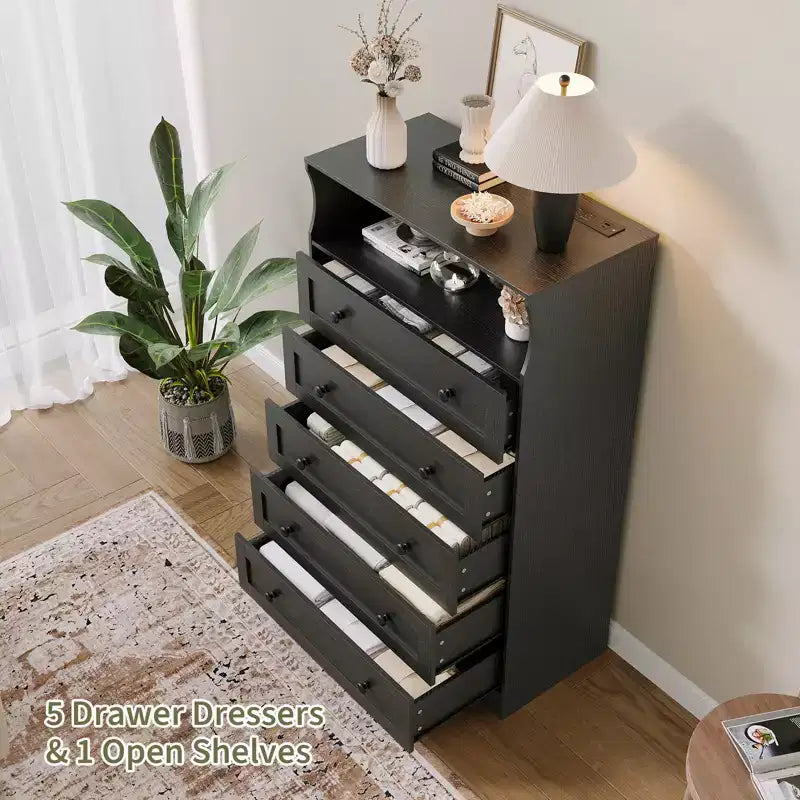 53 Tall 5 Drawer Dresser for Bedroom, Wood Chest of Drawers with Charging Station, Narrow Nightstand, Clothes Storage Organizer for Living Room