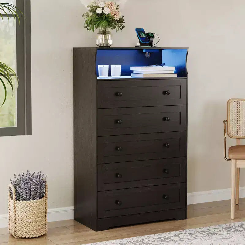 53 Tall 5 Drawer Dresser for Bedroom, Wood Chest of Drawers with Charging Station, Narrow Nightstand, Clothes Storage Organizer for Living Room