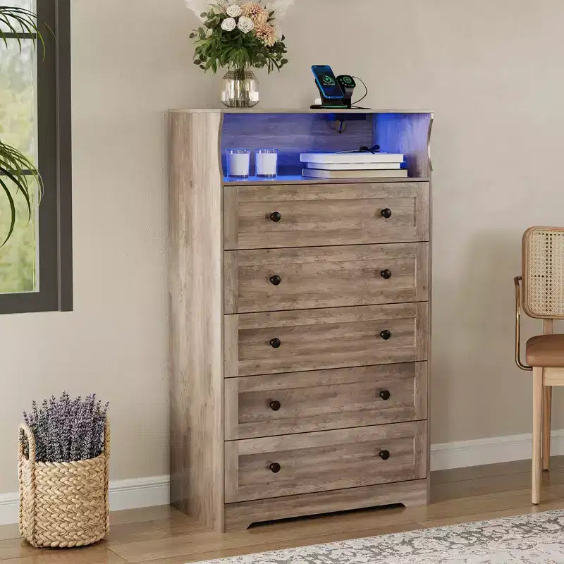 53 Tall 5 Drawer Dresser for Bedroom, Wood Chest of Drawers with Charging Station, Narrow Nightstand, Clothes Storage Organizer for Living Room