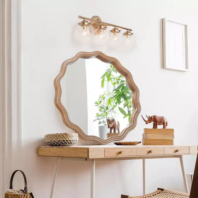 Farmhouse Wooden Decorative Round Wavy Wall Mirror with Beads