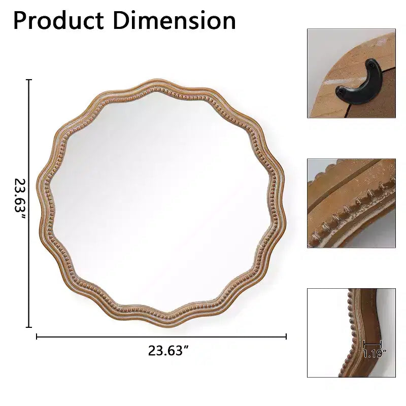 Farmhouse Wooden Decorative Round Wavy Wall Mirror with Beads