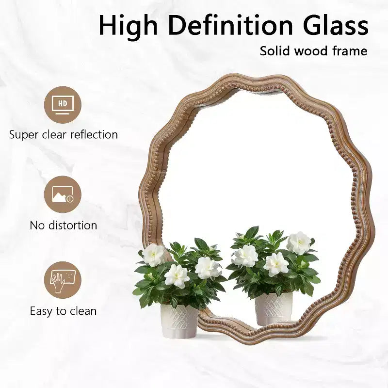 Farmhouse Wooden Decorative Round Wavy Wall Mirror with Beads