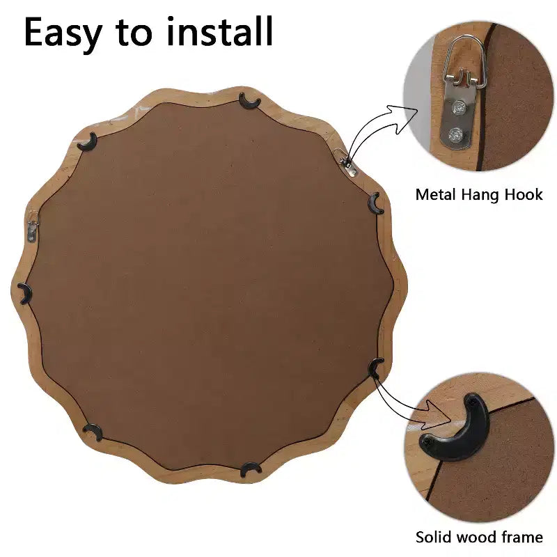 Farmhouse Wooden Decorative Round Wavy Wall Mirror with Beads
