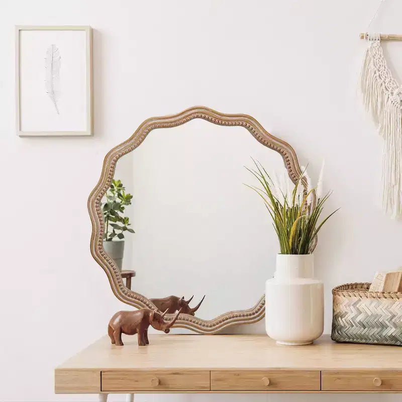 Farmhouse Wooden Decorative Round Wavy Wall Mirror with Beads
