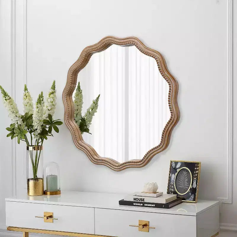 Farmhouse Wooden Decorative Round Wavy Wall Mirror with Beads