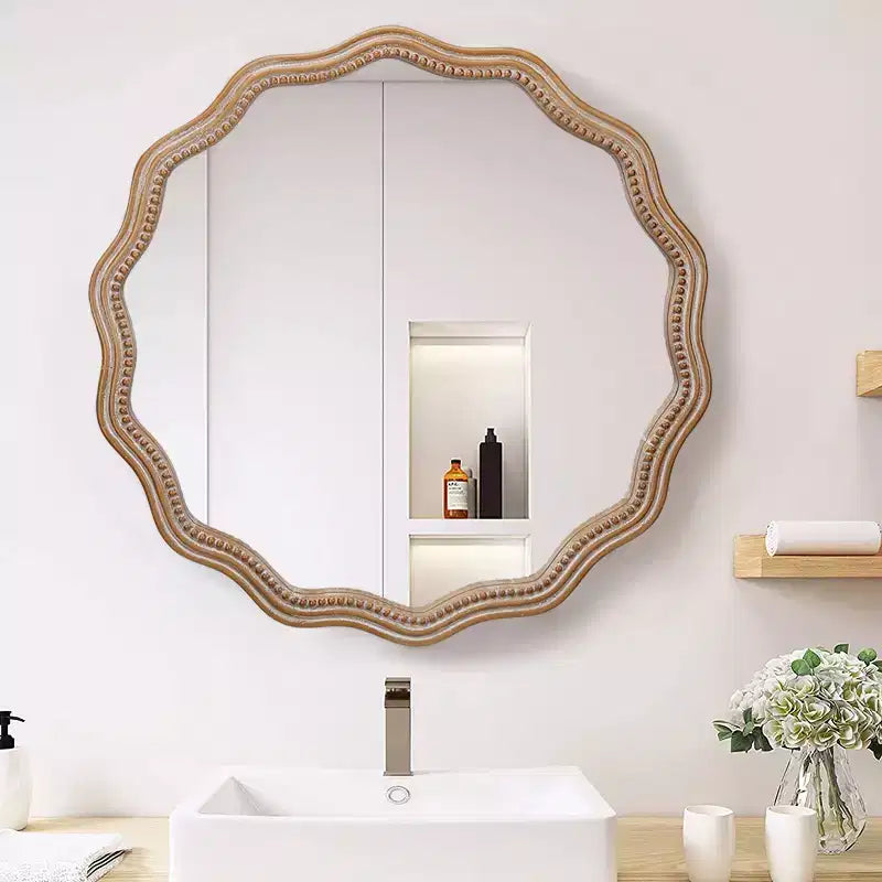 Farmhouse Wooden Decorative Round Wavy Wall Mirror with Beads