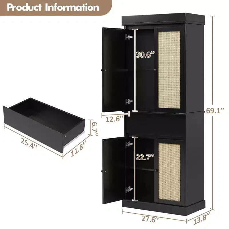 69 High Pantry, Slim Wood Kitchen Storage Cabinet with Drawers, 2 Adjustable Shelves and 4 Rattan Doors, Farmhouse Cabinet for Dining Room, Office