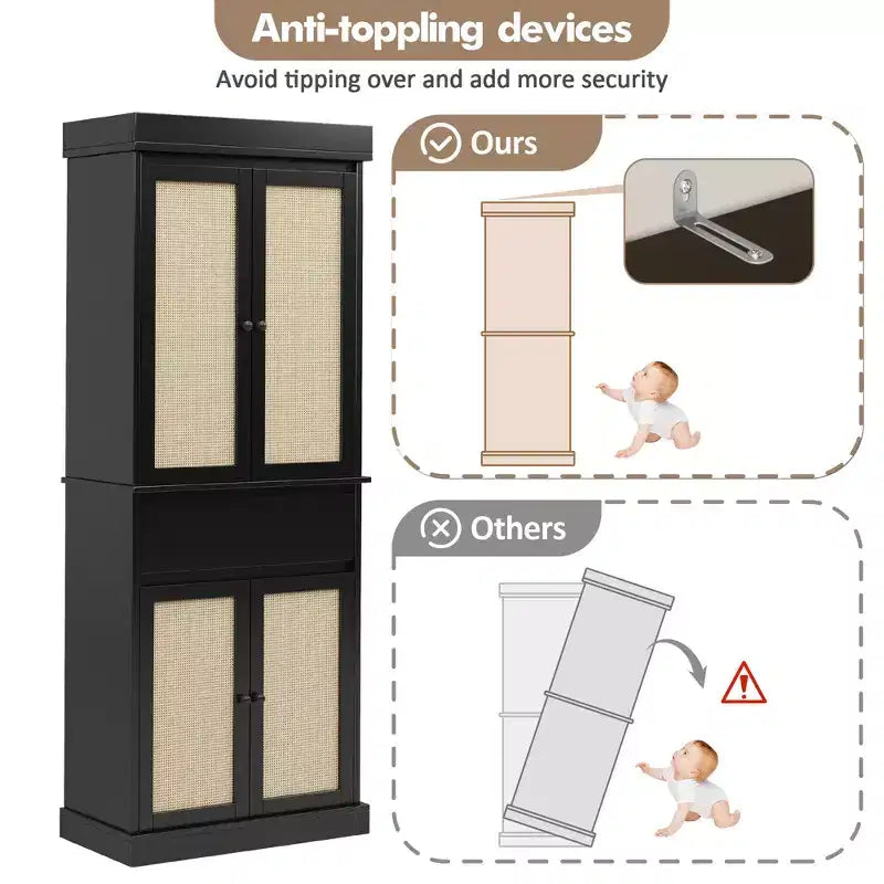 69 High Pantry, Slim Wood Kitchen Storage Cabinet with Drawers, 2 Adjustable Shelves and 4 Rattan Doors, Farmhouse Cabinet for Dining Room, Office