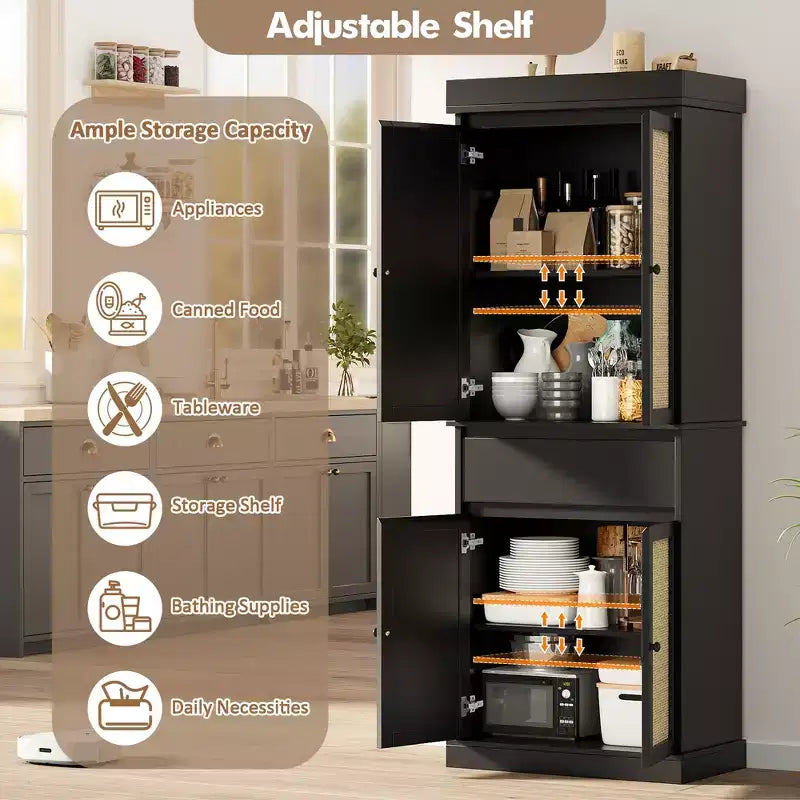 69 High Pantry, Slim Wood Kitchen Storage Cabinet with Drawers, 2 Adjustable Shelves and 4 Rattan Doors, Farmhouse Cabinet for Dining Room, Office
