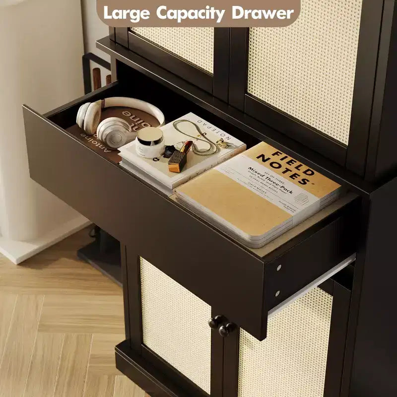 69 High Pantry, Slim Wood Kitchen Storage Cabinet with Drawers, 2 Adjustable Shelves and 4 Rattan Doors, Farmhouse Cabinet for Dining Room, Office