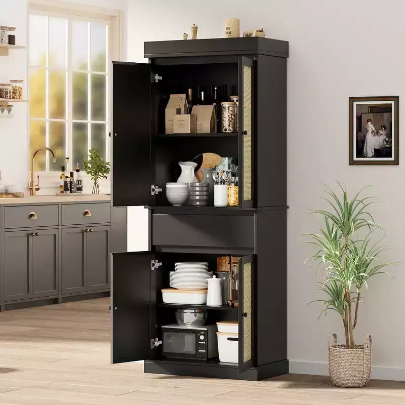 69 High Pantry, Slim Wood Kitchen Storage Cabinet with Drawers, 2 Adjustable Shelves and 4 Rattan Doors, Farmhouse Cabinet for Dining Room, Office