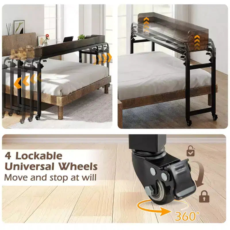 Overbed Desk with Wheels, Adjustable Height & Length, Metal Frame for Bedroom