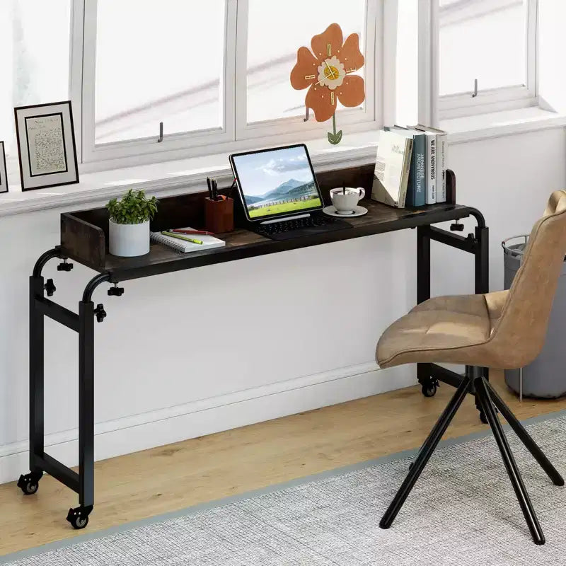 Overbed Desk with Wheels, Adjustable Height & Length, Metal Frame for Bedroom