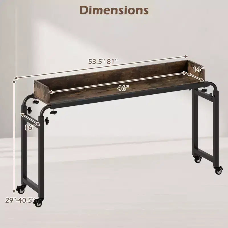Overbed Desk with Wheels, Adjustable Height & Length, Metal Frame for Bedroom