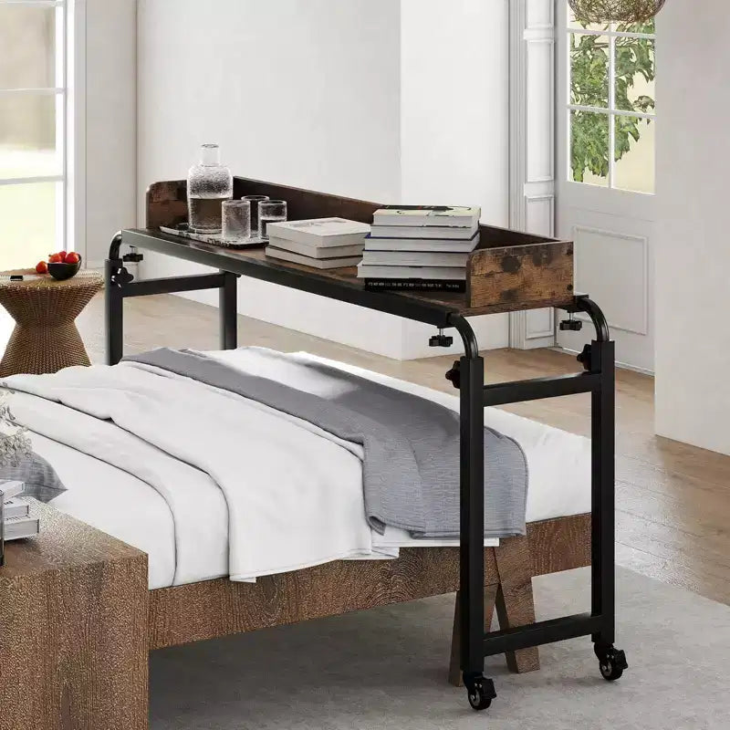 Overbed Desk with Wheels, Adjustable Height & Length, Metal Frame for Bedroom