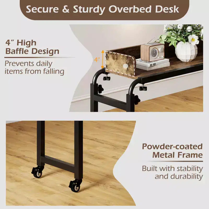 Overbed Desk with Wheels, Adjustable Height & Length, Metal Frame for Bedroom