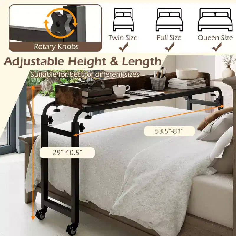 Overbed Desk with Wheels, Adjustable Height & Length, Metal Frame for Bedroom
