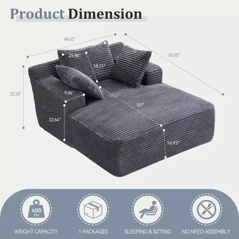 66"x48" Chaise Longue Chair Indoor, Modern Upholstered Corduroy Deep Seat Sofa Bed with Armrests, No Assembly Required, Grey