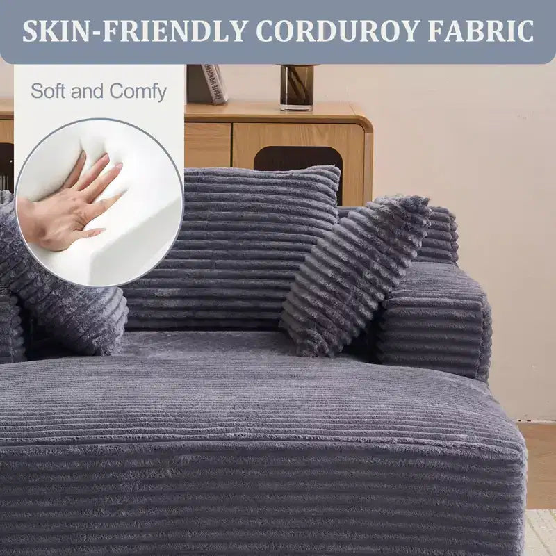 66"x48" Chaise Longue Chair Indoor, Modern Upholstered Corduroy Deep Seat Sofa Bed with Armrests, No Assembly Required, Grey