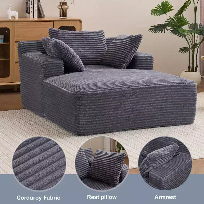 66"x48" Chaise Longue Chair Indoor, Modern Upholstered Corduroy Deep Seat Sofa Bed with Armrests, No Assembly Required, Grey
