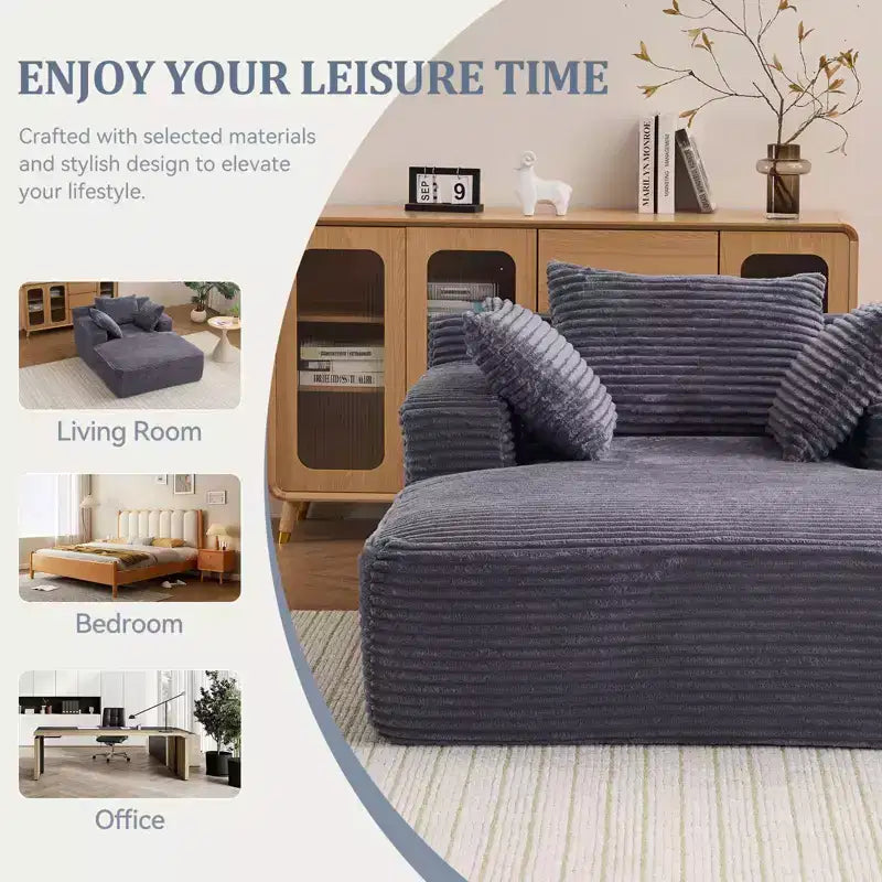 66"x48" Chaise Longue Chair Indoor, Modern Upholstered Corduroy Deep Seat Sofa Bed with Armrests, No Assembly Required, Grey