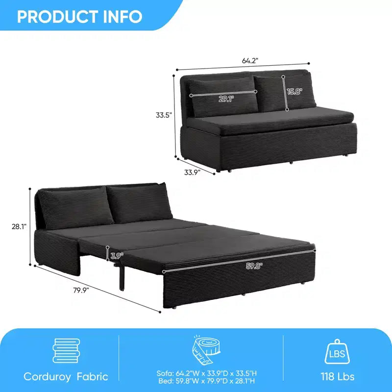 Corduroy Fabric Queen Size Pull Out Sofa Bed, 2-in-1 Modern Pull Out Sleeper Sofa Couch