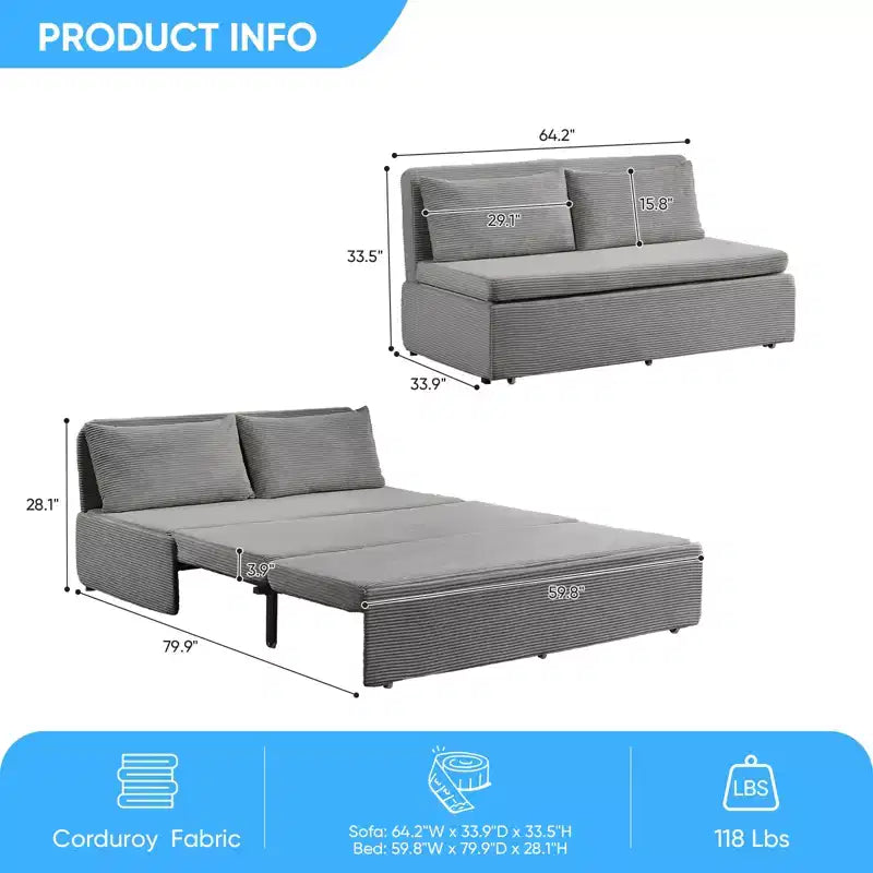 Corduroy Fabric Queen Size Pull Out Sofa Bed, 2-in-1 Modern Pull Out Sleeper Sofa Couch