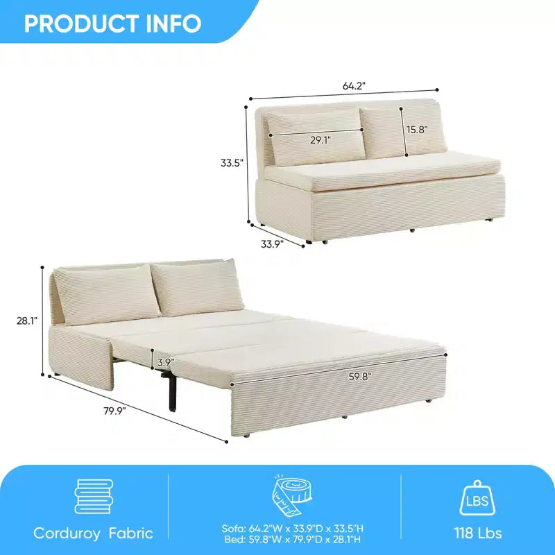 Corduroy Fabric Queen Size Pull Out Sofa Bed, 2-in-1 Modern Pull Out Sleeper Sofa Couch