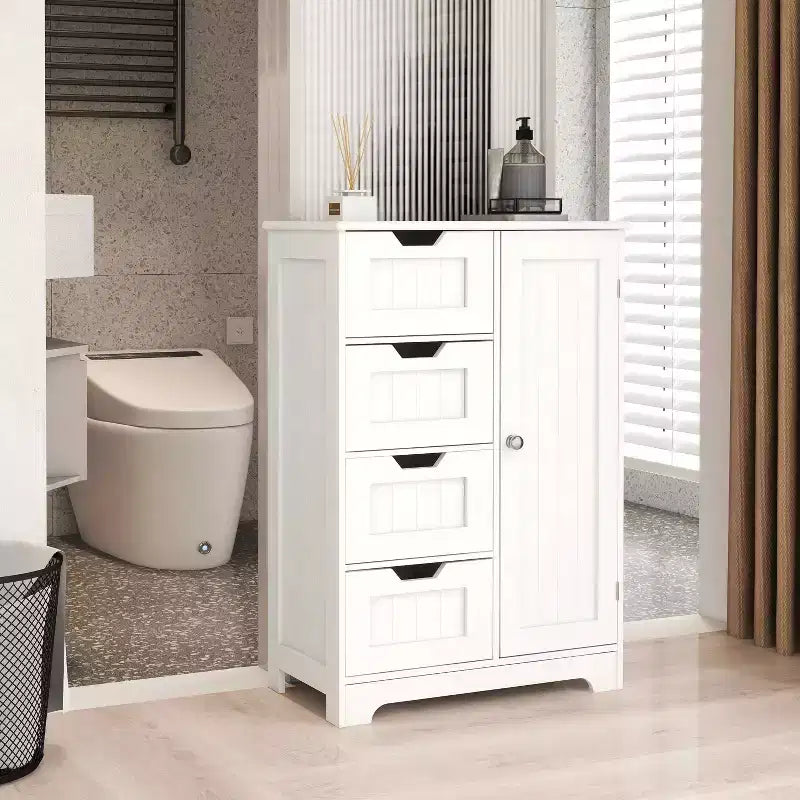 MAYEERTY White Freestanding Floor Storage Cabinet, Adjustable Shelves 4 Drawers 1 Door for Flexible Home Organizing