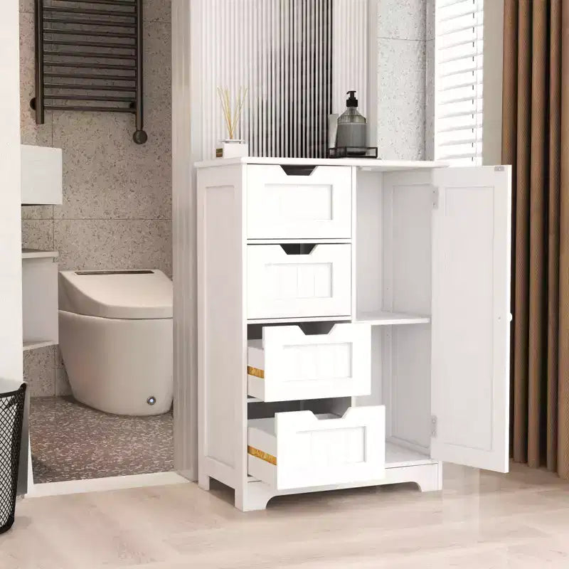 White Freestanding Floor Storage Cabinet, Adjustable Shelves, 4 Drawers, 1 Door for Flexible Home Organizing