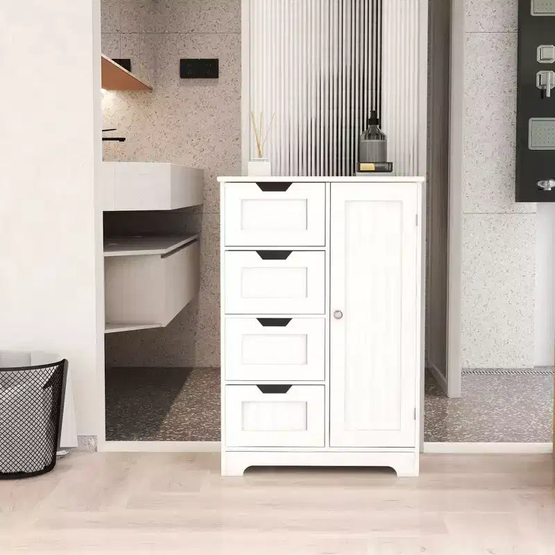 White Freestanding Floor Storage Cabinet, Adjustable Shelves, 4 Drawers, 1 Door for Flexible Home Organizing